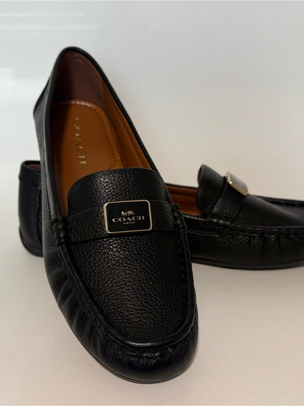 Coach Black Pebbled Leather Woman’s Loafers with Silver Plaque - Picture 2 of 4